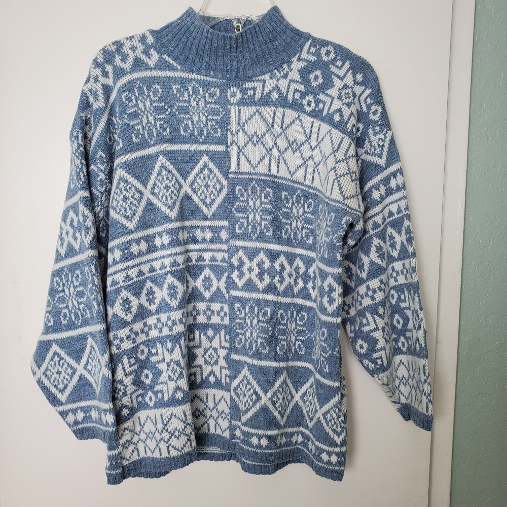 Vtg Needles & Yarn Fair Isle Light Blue & White  Women's 3/4 Sleeve Sweater Sz M